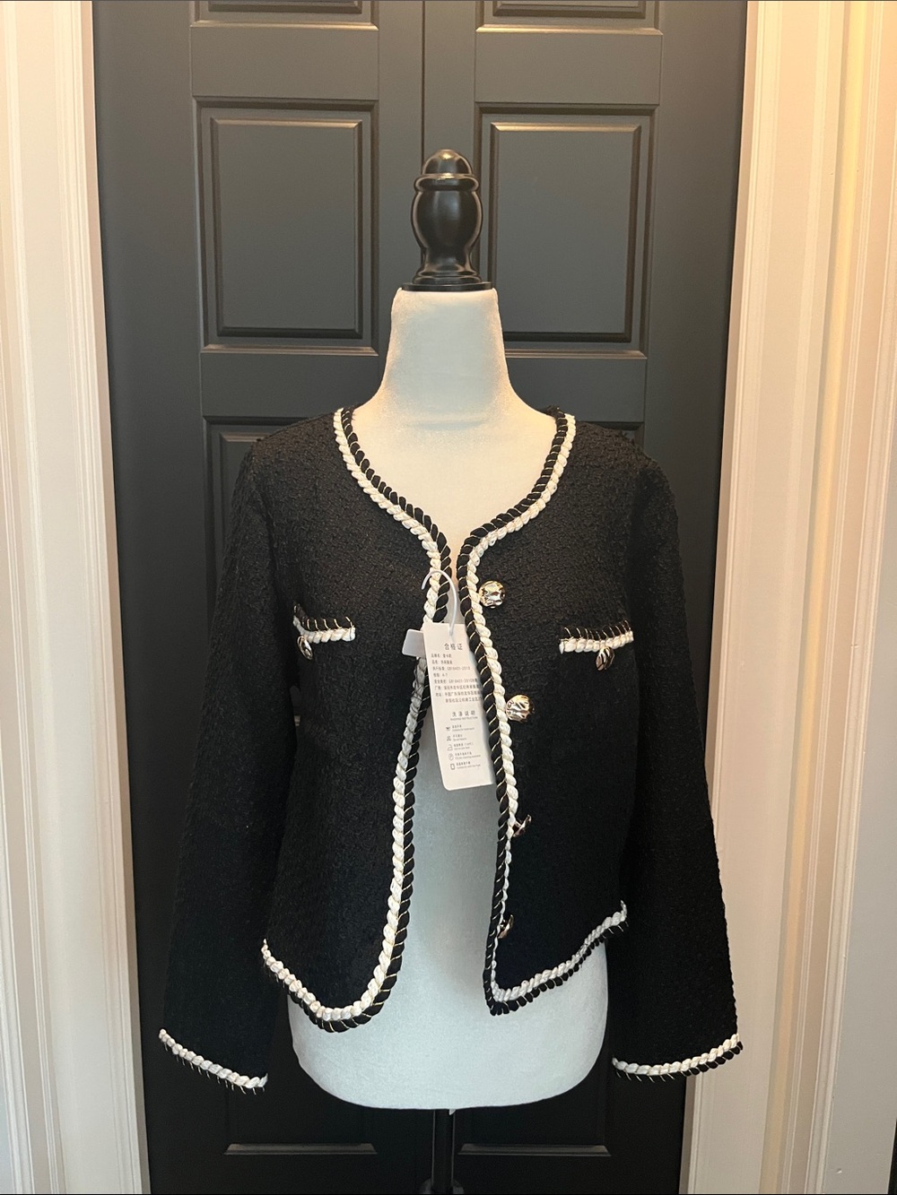 Classic Black Cropped Jacket with White Trim